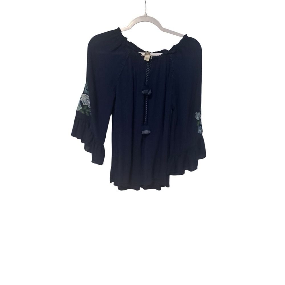 Vintage America Blues Blouse Womens Small Navy Blue Boho Embroidered Bell Sleeve